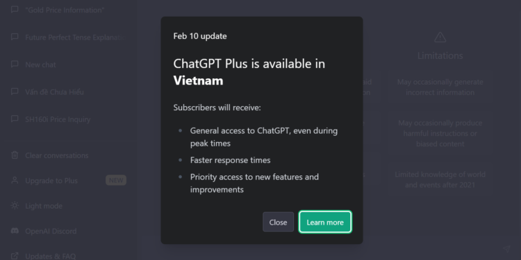 ChatGPT Plus đã mở cho thị trường Việt Nam